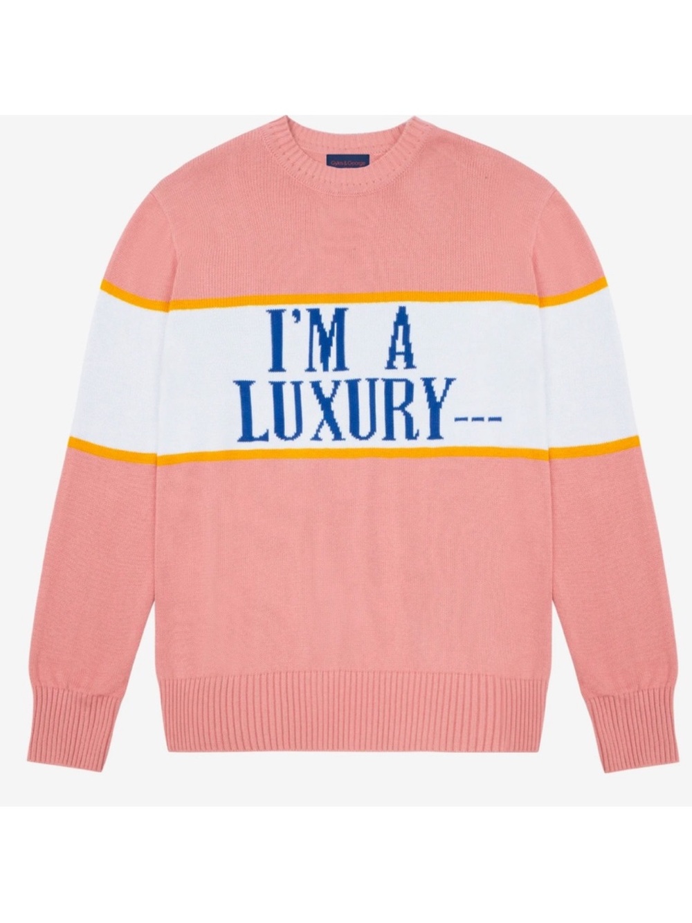 Rowing Blazers Pink Crewneck with White Stripe and Blue Text